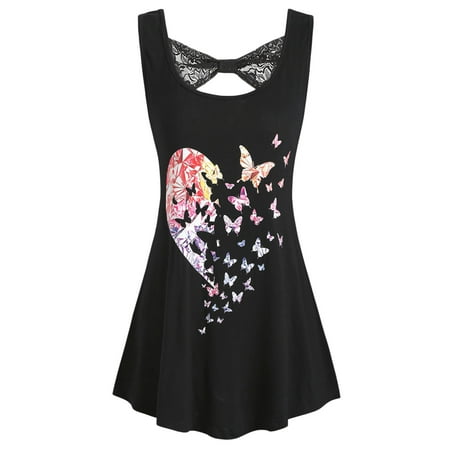 Butterfly And Lace Shirt - Women's Plus Size Heart Butterfly Print Lace Panel Tank Top