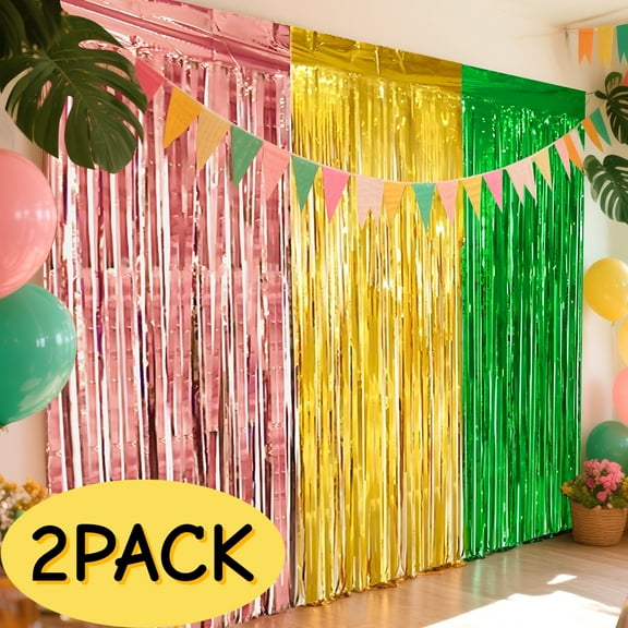 Hawaiian Luau Party Decorations, Foil Fringe Curtains Tinsel Photo Booth Props, Streamer Backdrop for Hawaiian Tropical Party Supplies 2 Pack