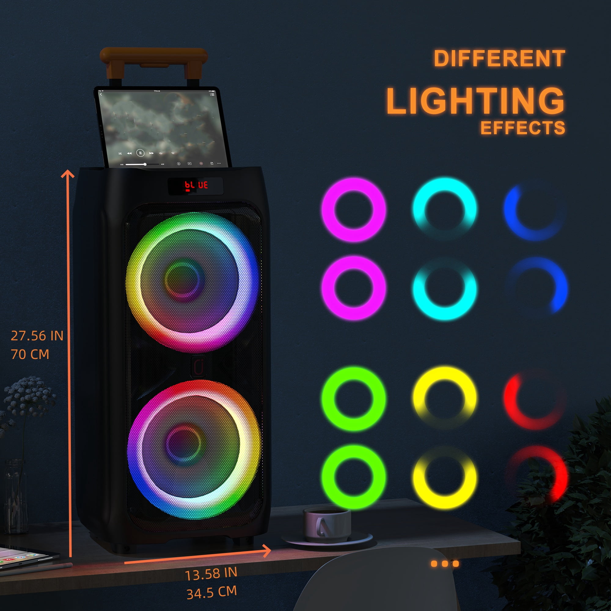 FanFun Large Party Speaker, Bluetooth Speaker with Wheels for Outdoor, Deep Bass System with Led Party Lights, Trolley Bar