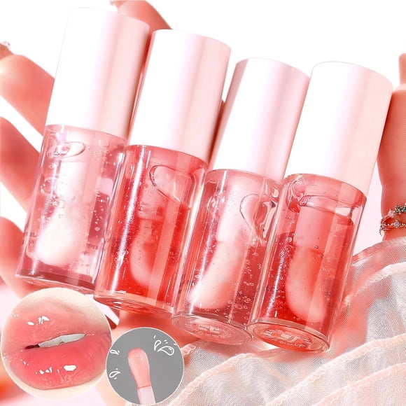 Dulele Juego de 4 aceites labiales con sabor a fruta, aceite hidratante para labios, brillo de labios no pegajoso, bálsamo labial hidratante, nutritivo, cuidado de labios para mujeres/melocotón/fresa