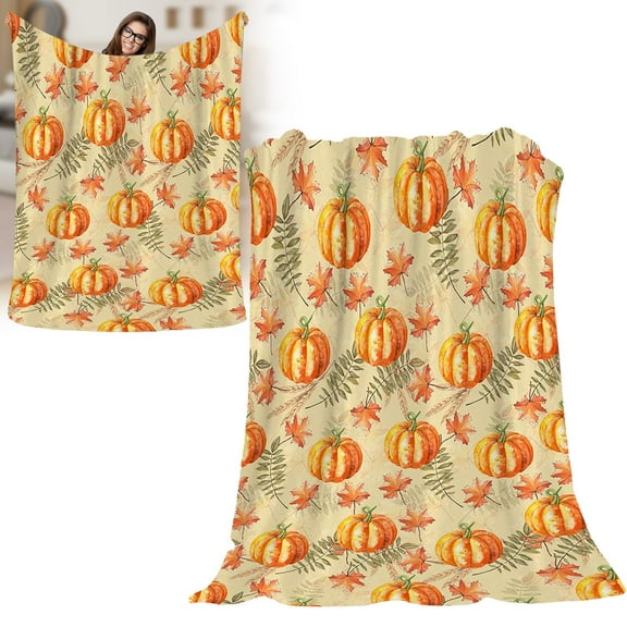 Classical Soft Fall Pumpkin Throw Blanket with Maples, Cozy Flannel Fleece Luxury Decoration Blanket for Bed, Sofa and Couch Fall Decorations for Home 50X60 Inches