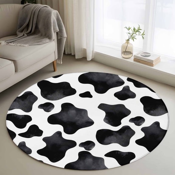 Round Area Rugs Collection 3 Ft, Cow Printed Non-Slip Residential Carpet, Farmhouse Black White Animals Textured Indoor Crawling Mats Doormat Runner Rugs Play Mat forBedroom