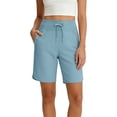 thumbnail image 2 of Frostluinai Women's High Waisted Shorts Yoga Workout Bermuda Long Hiking Shorts with Pockets Tummy Control Athletic Running Shorts Sky Blue S, 2 of 7