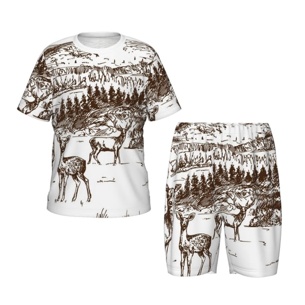 Balery Woodland Forest With Deers Conjunto de Pijama Infantil de Manga Corta con Estampado – Ropa de Dormir de Algodón Suave-4X-Large