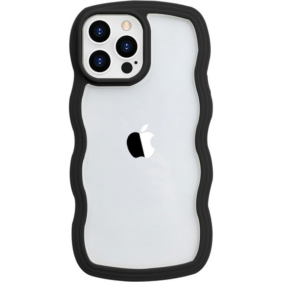 Design for iPhone 13 Pro Max Clear Case with Wavy Edge, Cute Fashion Transparent Curly Wave Shape Frame Phone Case, Shockproof Hard PC & Soft TPU Bumper Protection Cover for Women Girl, Black