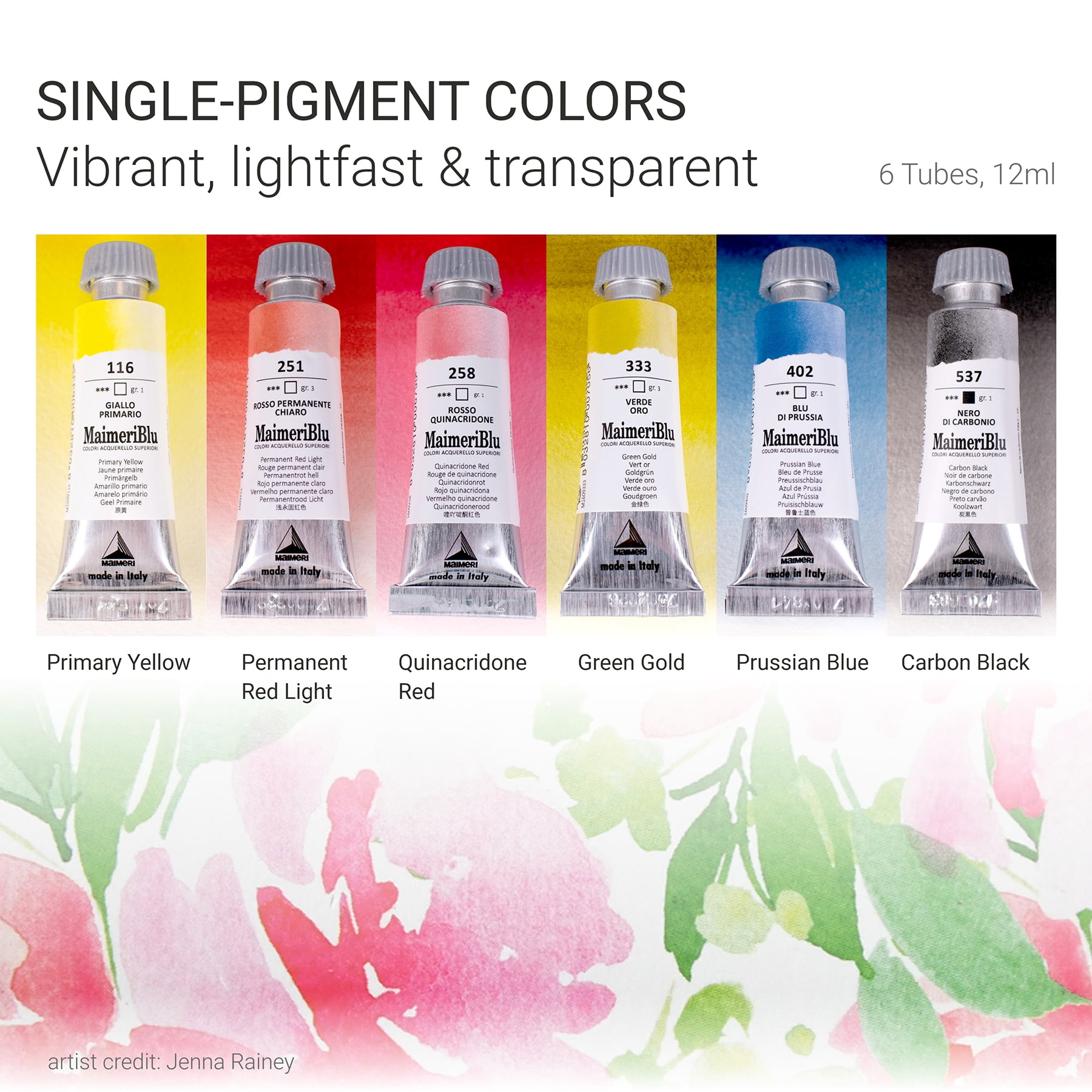 MaimeriBlu Watercolor Paint, Jenna Rainey Artist Set, Assorted Colors, 12ml, 6 Pieces