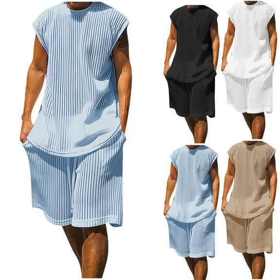 FRSASU Men's Knitted Sets 2 Piece Outfits Crewneck Summer Summer Loose Sleeveless T Shirt and Matching Shorts Tracksuit Sets White