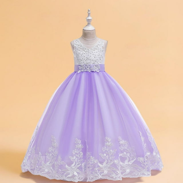 Pisexur Girls Dresses , Robes pour Bébés Filles Robe Sans Manches Col Rond Perles Brodées Dos en Mesh Robe de Princesse Fête d'Anniversaire Mariage Violet