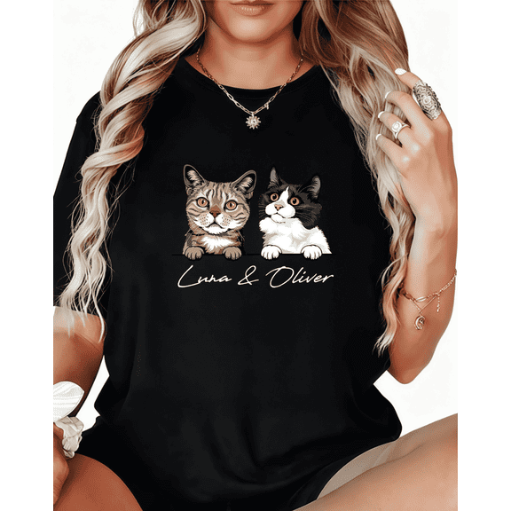 Women Personalized "Luna & Oliver" Cat Graphic Trendy Tee T-Shirt Print Top Short Sleeve Round Neck Black S-5XL