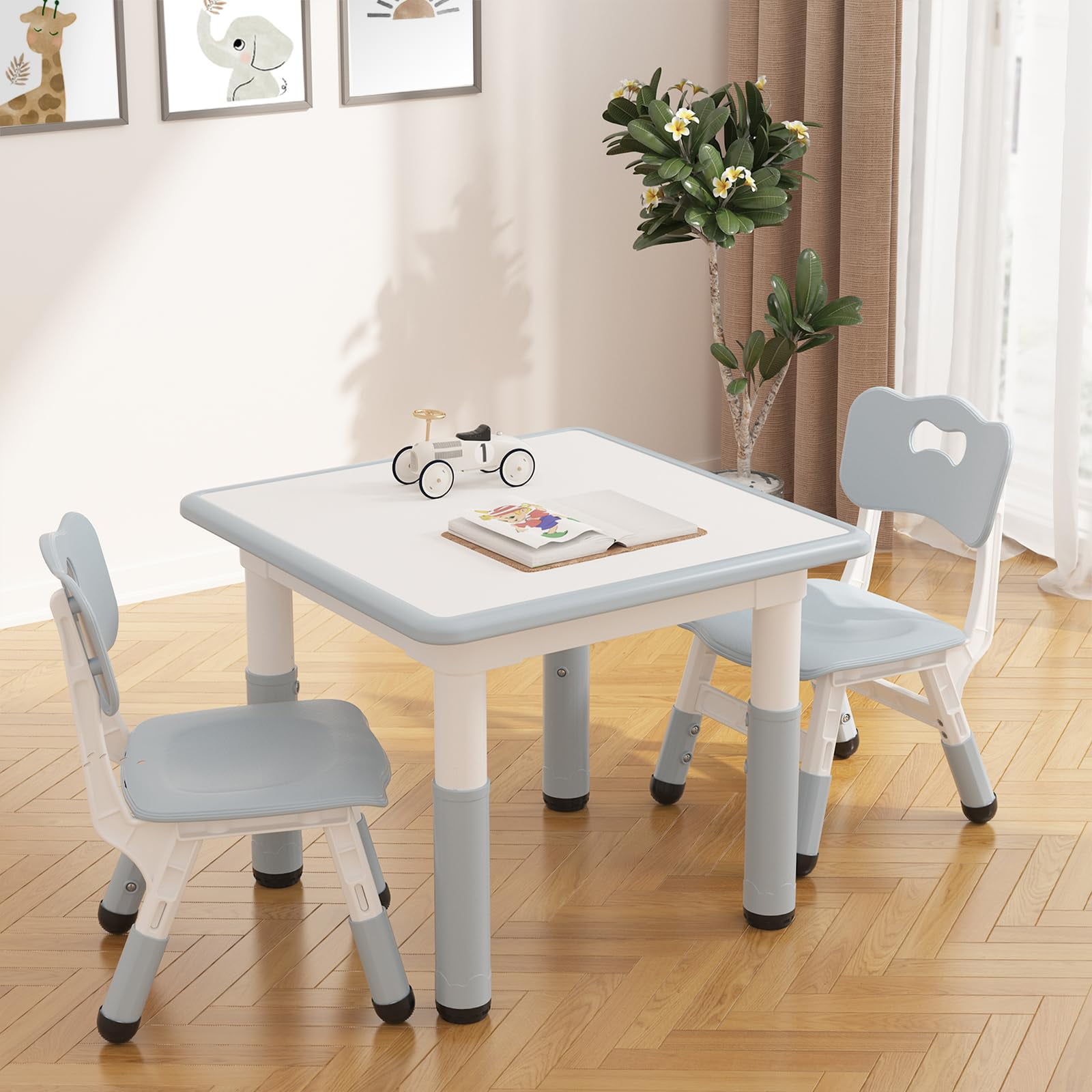 TROPOW Toddler Table and 2 Chairs Set with Graffiti Desktop,Height Adjustable Kids Table and Chairs Set,Non-Slip Legs,Kids Activity Table for Home,Nursery,for Age 2-10,Christmas Gifts for Kids