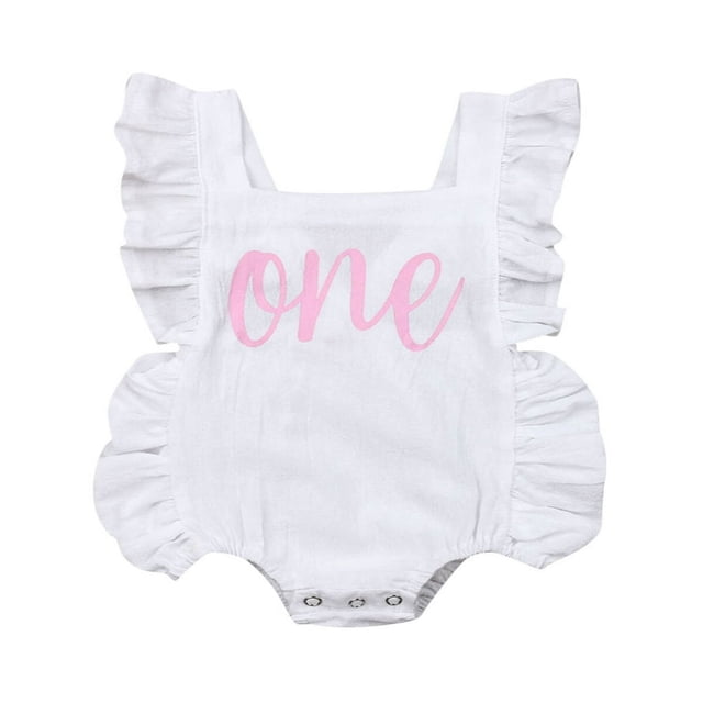Newborn Baby Girl First Birthday Outfit Ruffle One Print Backless Jumpsuit Bodysuit