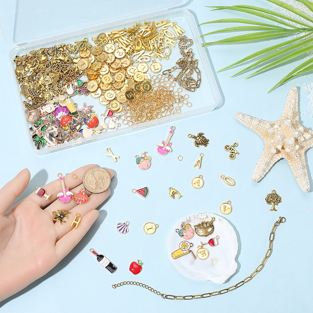 418Pcs Gold Charm Bracelet Making Kits Including 12Pcs Stainless Steel Paperclip Chain Bracelets 200Pcs Open Jump Rings 206Pcs Alloy Enamel Pendants