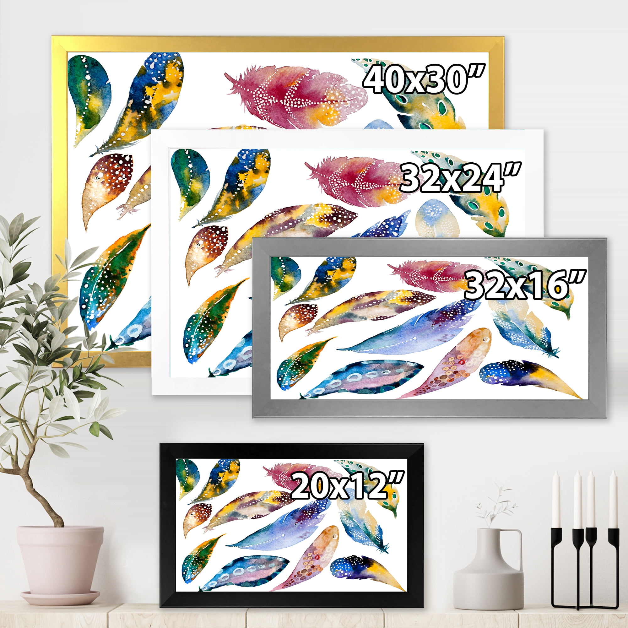 Designart 'Colourful Boho Feather Set On White VI' Bohemian & Eclectic Framed Art Print