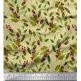 thumbnail image 1 of Soimoi Tissu Beige en Crêpe Satin Japonais Imprimé Baies Rouges & Feuilles de Houx au Mètre 42 Pouces de Large, 1 of 3