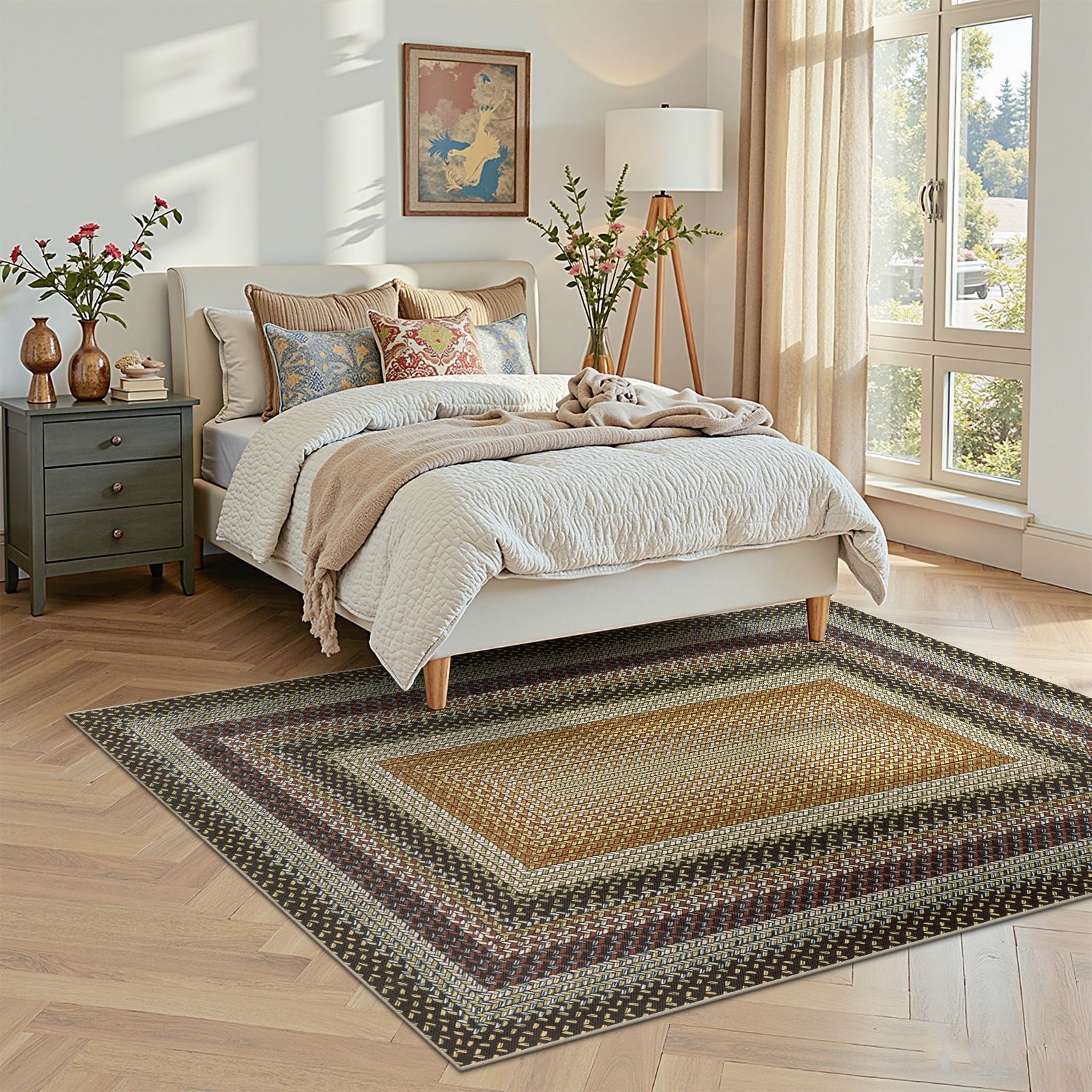5' x 8' Braided Jute Print Area Rug Washable Non-Slip Pet Friendly Carpet with Concentric Design, Stain Resistant for Living Room, Bedroom & Home Office