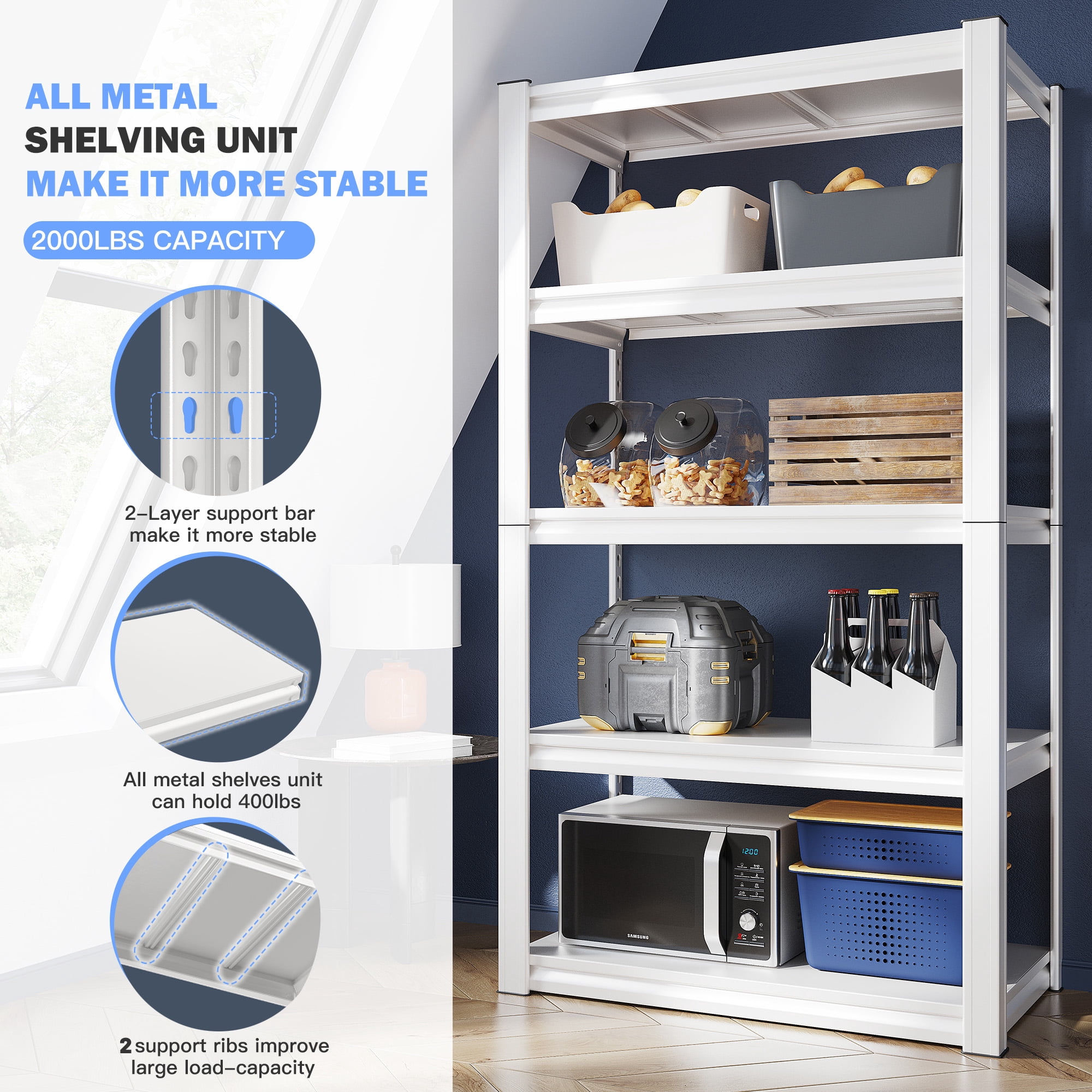 REIBII 72"H Storage Shelves Unit for Garage Heavy Duty 5 Tier Metal Shelving,White