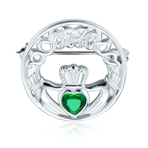 Bling Jewelry Womens Traditional Irish Celtic Claddagh Brooche Pin with Red Heart CZ Sterling Silver