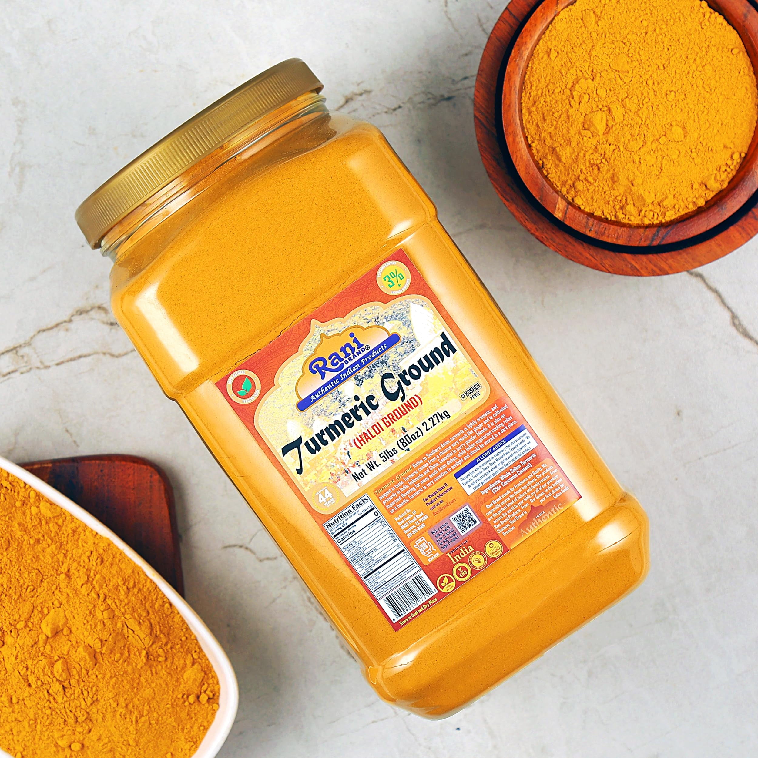 Rani Turmeric (Haldi) Root Powder Spice, (High Curcumin Content) 80oz (5lbs ) 2.27kg Bulk PET Jar ~ All Natural | 100% Pure, Salt Free | Vegan | Gluten Friendly | NON-GMO | Kosher | Indian Origin