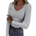 thumbnail image 2 of Womens Tops Womens Long Sleeve V Neck Ribbed Knit Casual Tops Tee Slim Basic Shirt Shirts for Women, 2 of 4