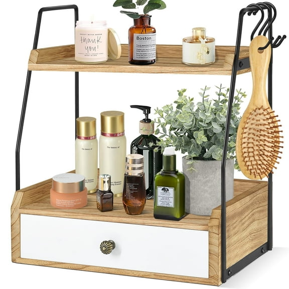2 Tier Bathroom Counter Organizer, Wood Bathroom Organizer Countertop with Drawer, Corner Storage Shelf for Cosmetic Vanity Tray, Kitchen Spice Rack, Kitchen Organizer and Storage