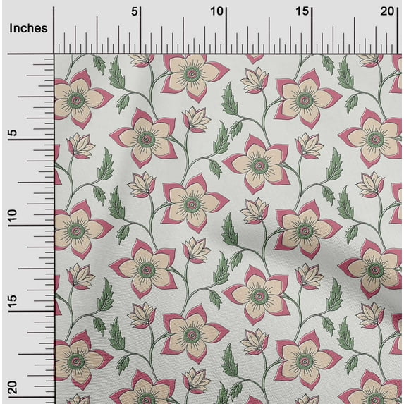 oneOone Cotton Silk White Fabric Leaves & Flower Floral Fabric For Sewing Printed Crafts Fabric By The Yards 42 Inches Wide