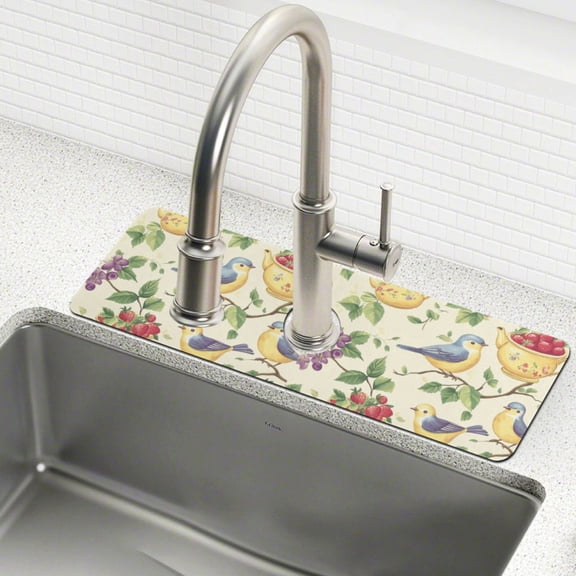 Yayeee Faucet Mat for Kitchen Sink 14.7" Diatomite Long Splash Guard Pad, Birds with Strawberries