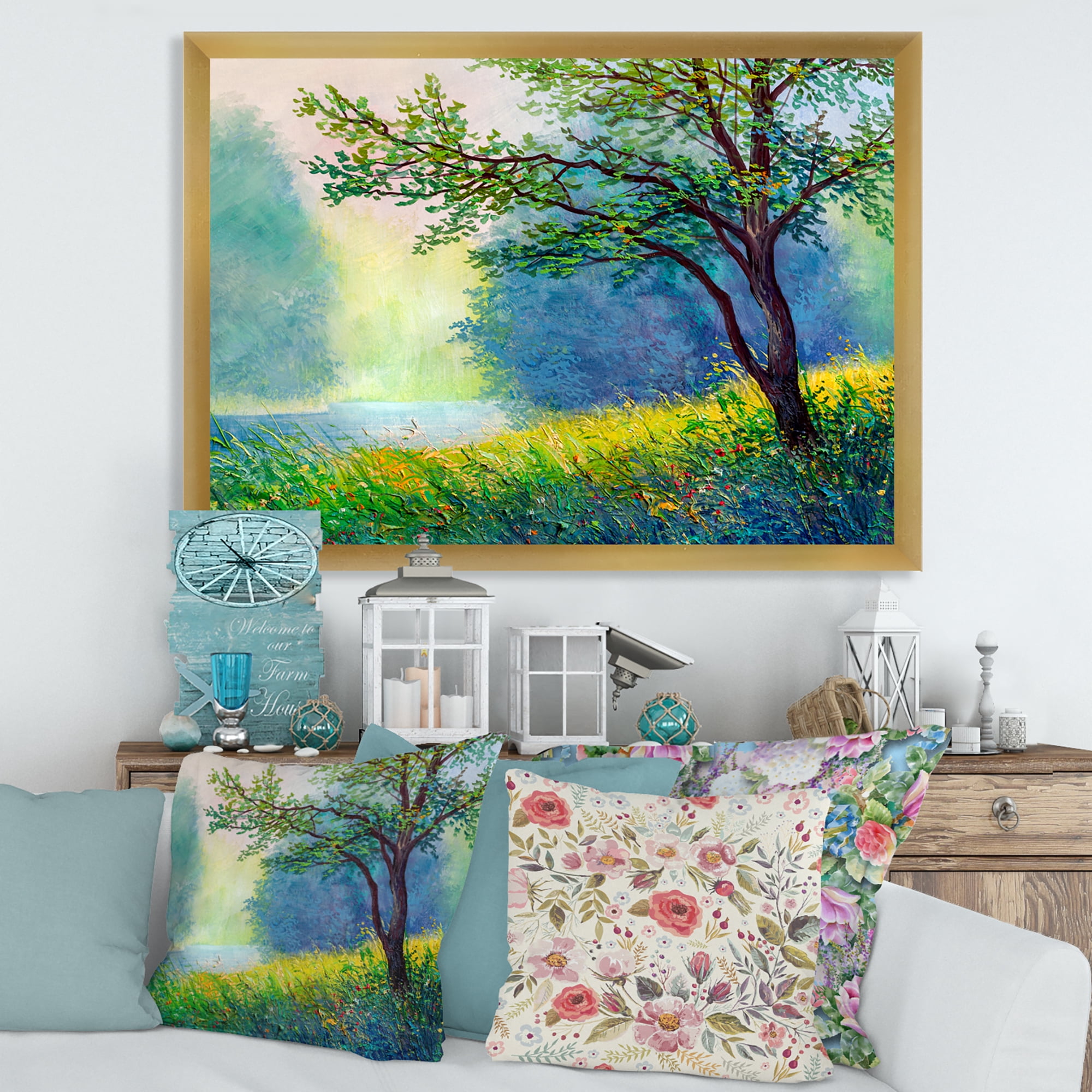 Designart 'Summer Forest With Waterfall and River ' Traditional Framed Art Print