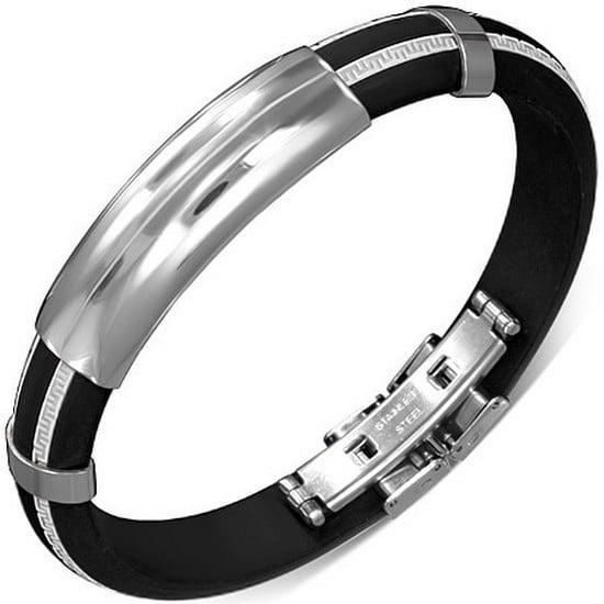 Gents Mens Silver Tone Stainless Steel & Black Rubber Greek Key Design Bracelet 