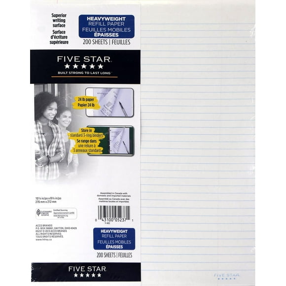 Feuilles mobiles Five Star, boîte de 12 paquets de 200 feuilles