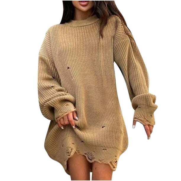 Vestido de Suéter Para Mujer Suéter de Punto Otoño Invierno Manga Larga Cuello Redondo Aguja Gruesa Dobladillo Vestido Irregular Odeerbi ODB176521