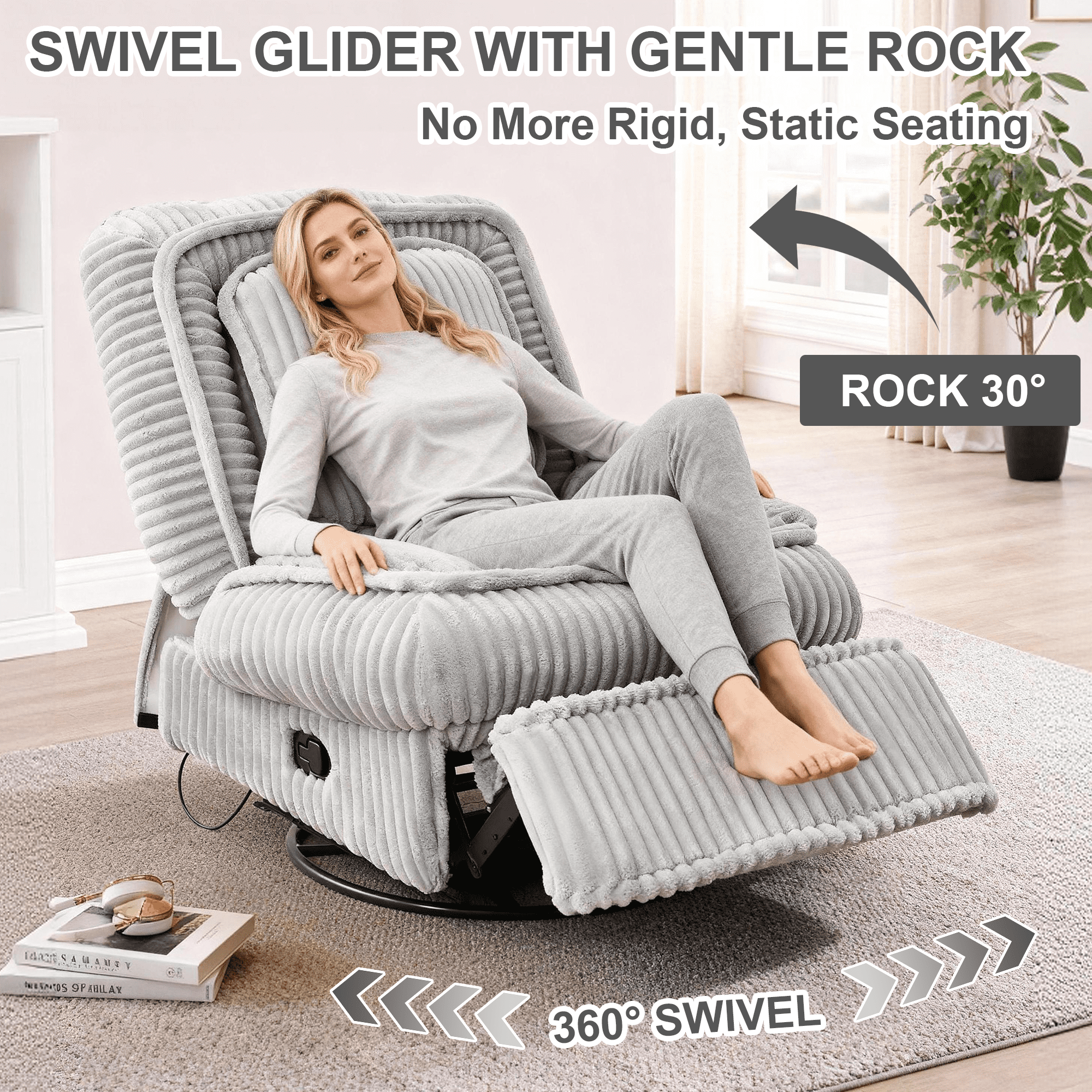 Aukfa Recliner Chair Swivel Rocker Glider with Deep Seat&Thick Pad for Living Room Nursery, Corduroy, Gray