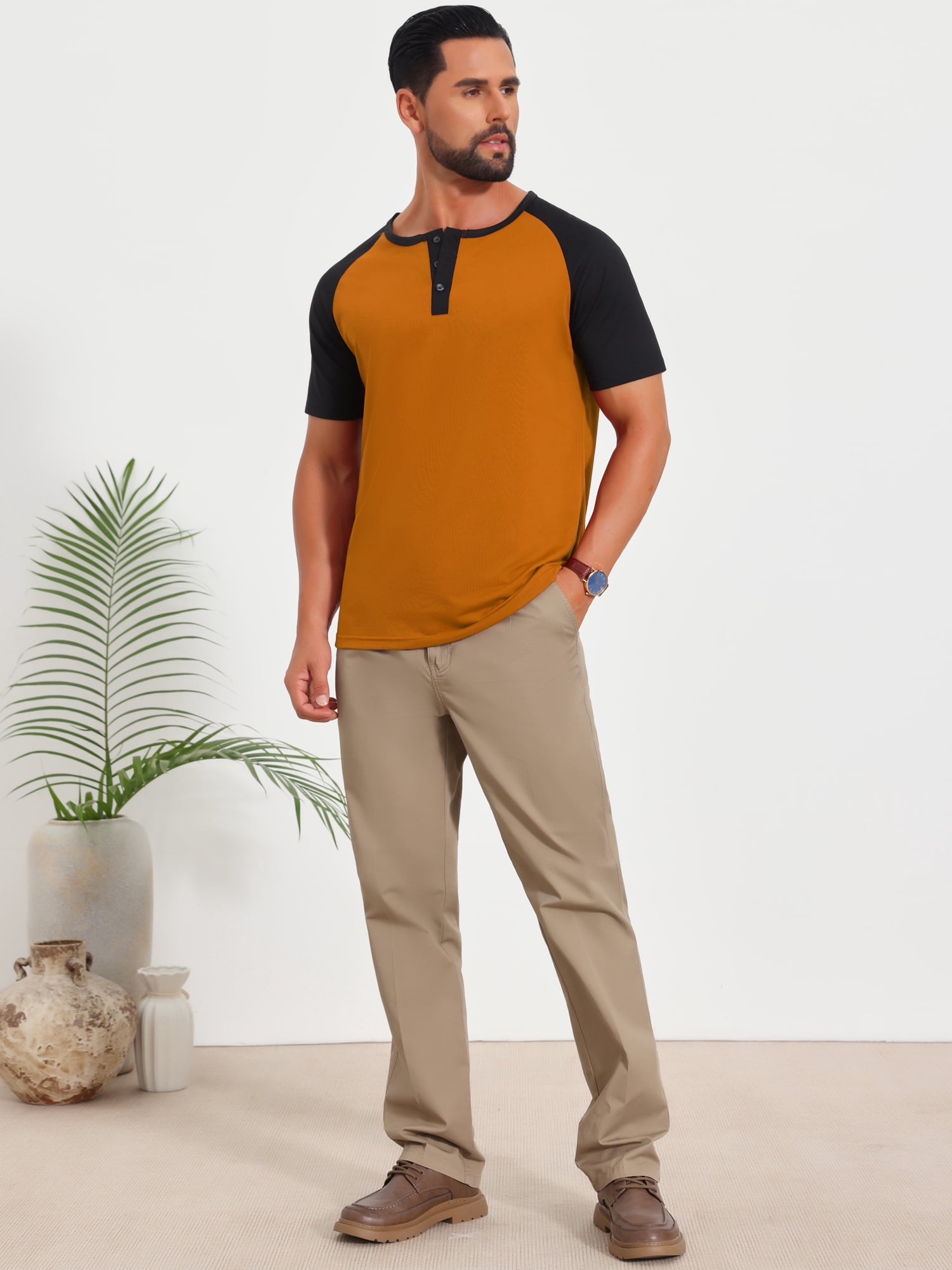 DARING DIVA Men's Henley Button Down Color Block Short Sleeve T-Shirt S Orange