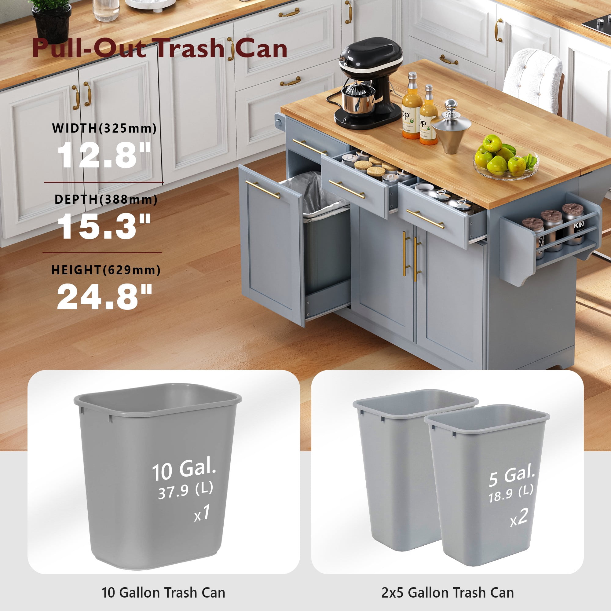 Aukfa 59" Kitchen Island with Power Outlet & Trash Cabinet, Rolling Kitchen Cart, Pull Out Organizers & Drop Leaf,Gray