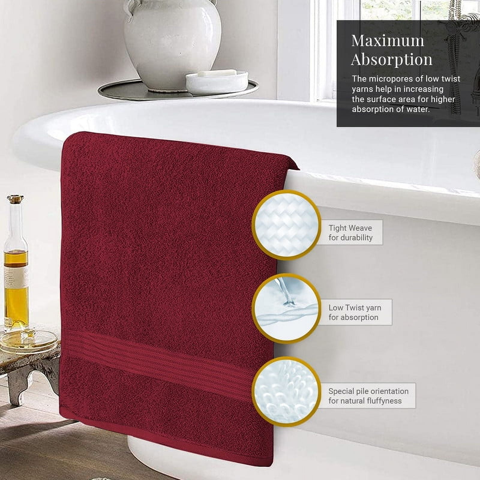 Creosa Cotton Bath-Towels-Set Burgundy Red, 100% Ring Spun Combed-Cotton 4pc Bathroom Towels 27x54 Inch, Highly Absorbent Soft Feel, Daily Use Burgundy Red Towels with Hanging Loop