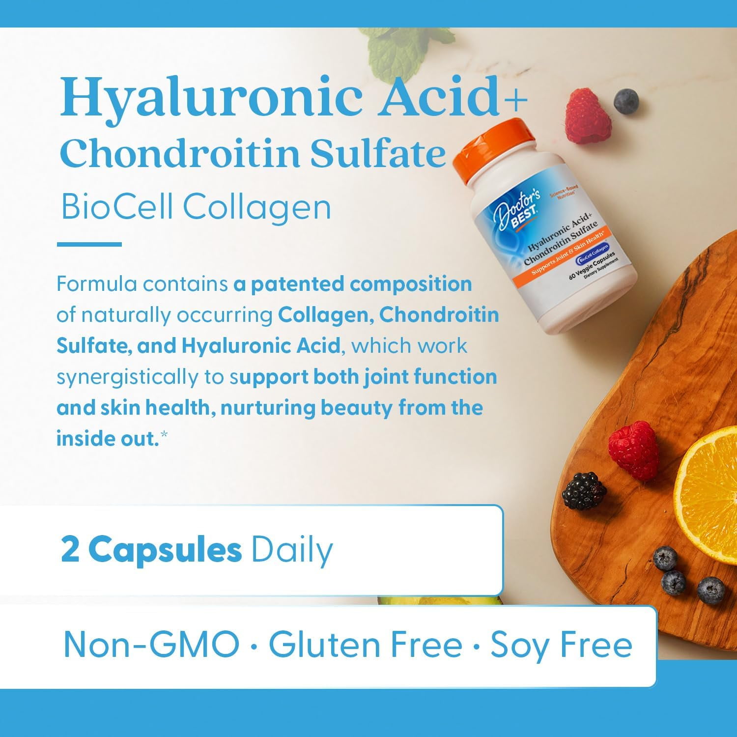 Doctors Best Hyaluronic Acid+ Chondroitin Sulfate, Supports Joint & Skin Health, Non-GMO, Gluten Free, Soy Free 60 Veggie Capsules