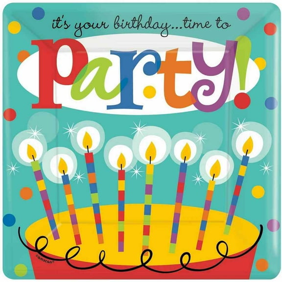 Time to Party Bright Colors Cake Adult Birthday Party 10" Square Banquet Plates