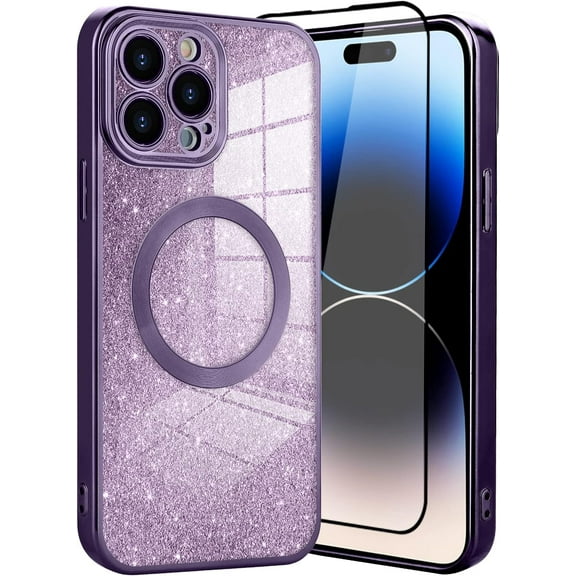 iPhone 14 Pro Max Case Bling Glitter Magnetic [Support Magsafe Charger] Wireless Screen Protector Shockproof Clear Anti-Dropping Full Body Protection Cover-Purple