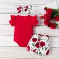 thumbnail image 3 of PatPat 3pcs Newborn Baby Girl Clothes Ribbed Romper Belted Shorts Headband Red Outfits Set, 3-6 Months, 3 of 9