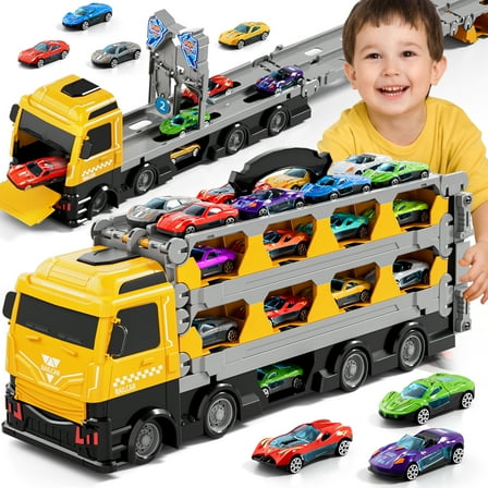 Garbo Star Truck Toys for Kids Boys, 24 Pcs Die-Cast Car Set with Race Track & Car Launcher, Boys Toys Ages 3-6