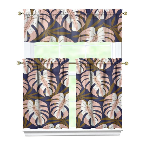 Hawaiian Coastline Kitchen Curtains Set 27.5x36in Polyester Valance and Tier Panels, Tropical Leaves and Flower Window Curtains for Island Style Spaces