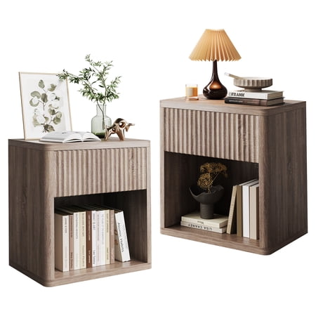 Mid-Century Modern Nightstand Set of 2 — Farmhouse-Inspired Fluted Drawer End Tables Large Storage for Bedroom Living Room & Office