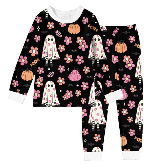Glisme Halloween Toddler Boys Outfit Set Cute Ghost Print Long Sleeve Round Neck Sweatshirt With Pants Set Boys Autumn Daily Breathable Outfit Size 2-3 Years Black