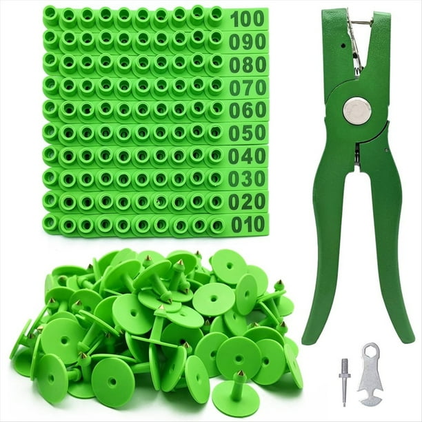 Crotales para Ganado (Números 001-100) con Alicates, Kit de Herramientas de Plástico para Identificación de Ganado, con Pasador y Pendiente para Vacas.