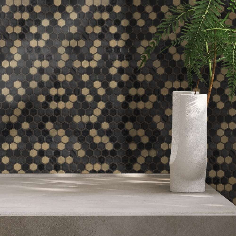 The Tile Life Eterna Hex 4" x 4" Hexagon Black & Gold Glass Mosaic Tile Sample 1 Piece