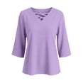 thumbnail image 3 of Tusihei Women V Neck 3/4 Sleeve Casual Tops Loose Fit Boho Pullover Tee Solid Basic Comfy Summer Fall Outfits Beach Blouse, Purple L, 3 of 8