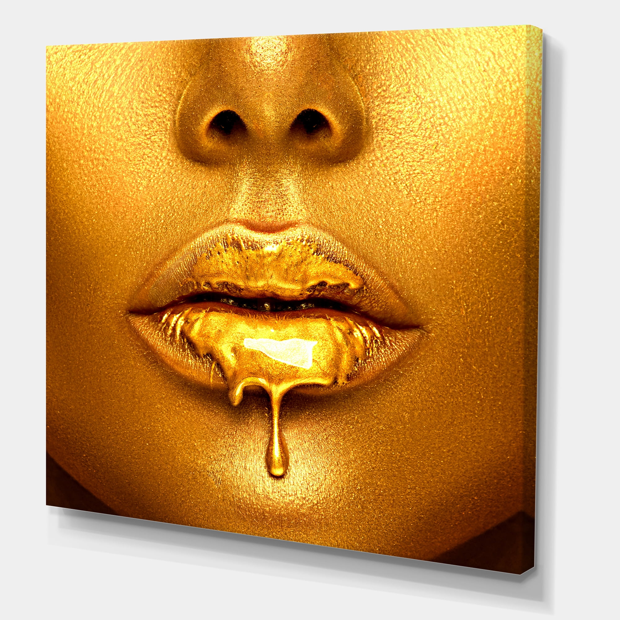 Designart ' Gold Paint Drips From Sexy Girl Lips ' Modern Canvas Wall Art Print