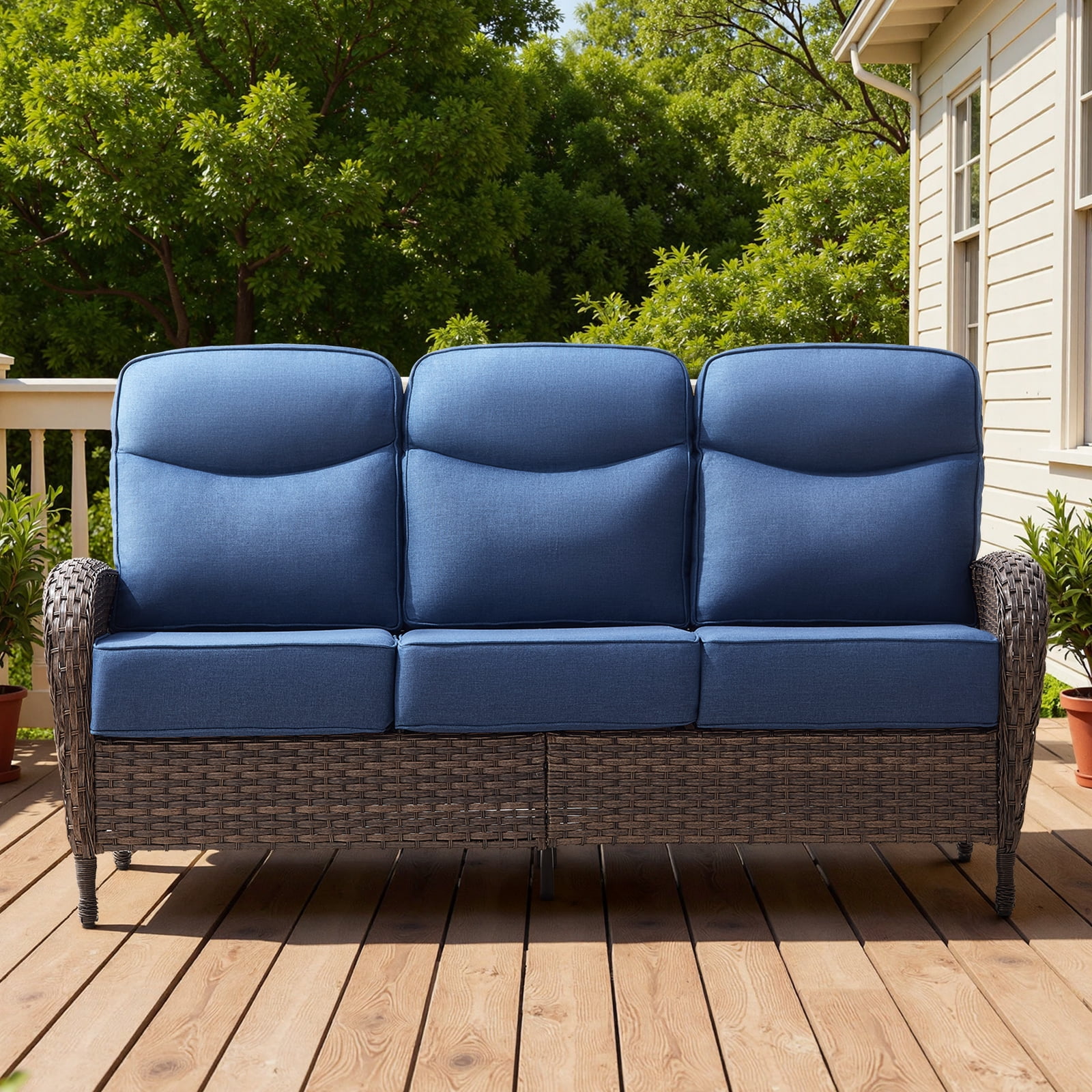 POCASSY 6-Inch Thick Cushion High Back Outdoor Wicker Patio Sofa, All Weather Brown Wicker Furniture 3-Seater Sofa Patio Couch for Porch Balcony Deck, Blue Cushion