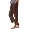 thumbnail image 2 of Dwellite Womens Linen Pants Ankle Length Straight Leg Cropped Pants Elastic Waist for Summer Beach Vacation with Pockets Brown 4XL, 2 of 6