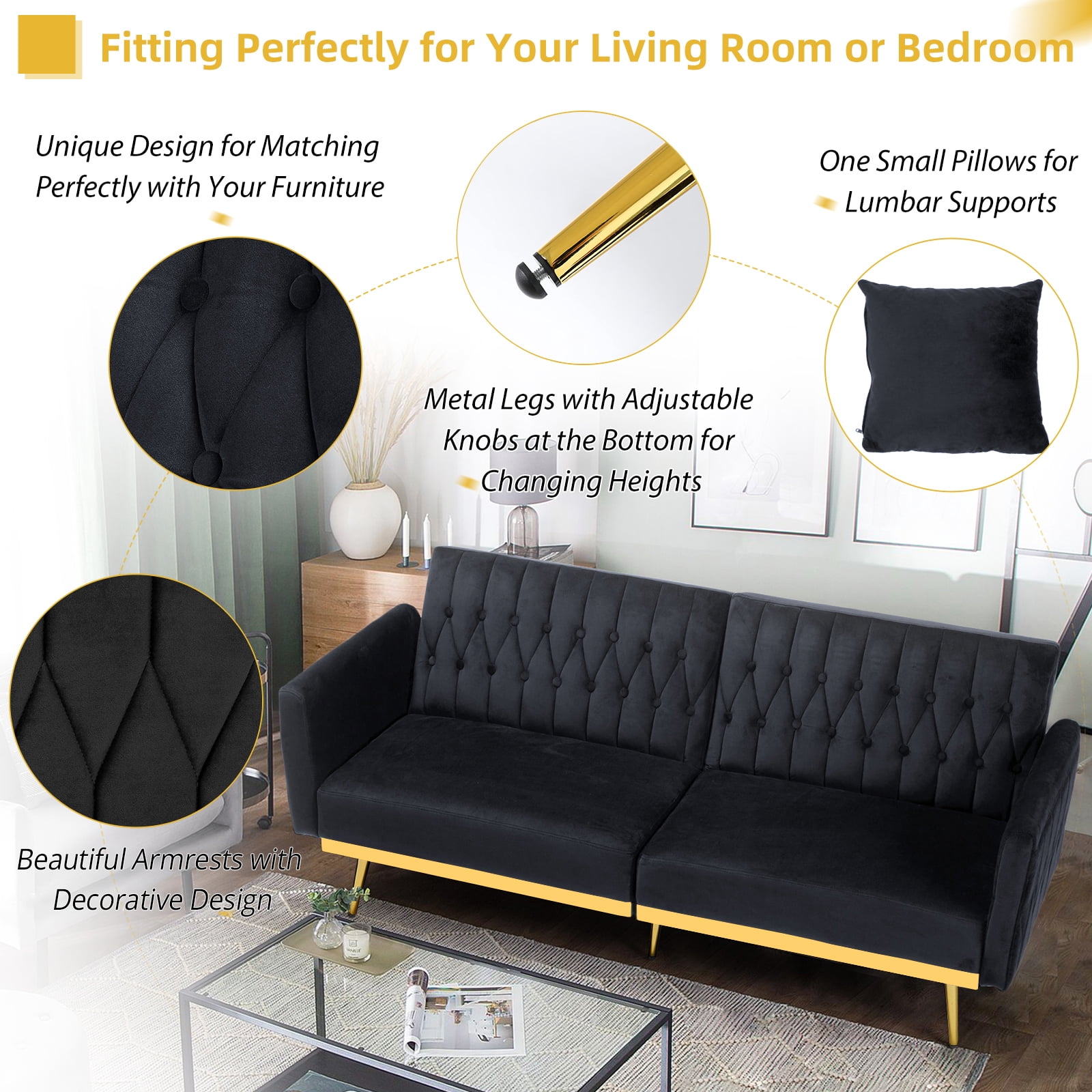 ACMEASE 70” Velvet Futon Sofa Bed with Adjustable Armrests and 2 Pillows, Convertible Futon Couch, Black