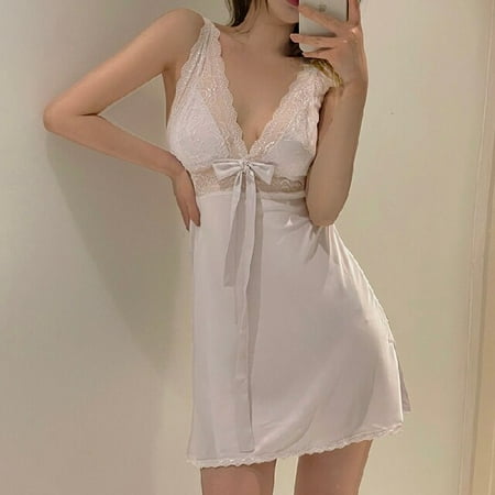 

PIKADINGNIS Sexy Lace V Neck Lingerie Dresses Women Night Dress Satin Sleepwear Sleeveless Night Gown Bathrobe Nightdress